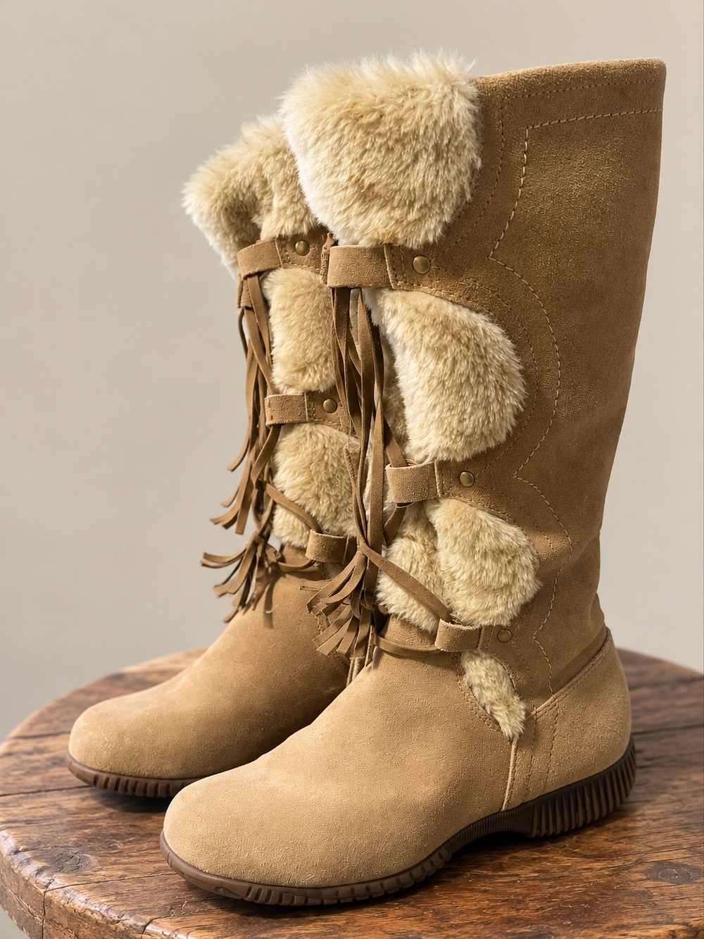 Durango Women’s Tan Leather Faux Fur Fringe Western Boots Size 7M Boho Cowgirl